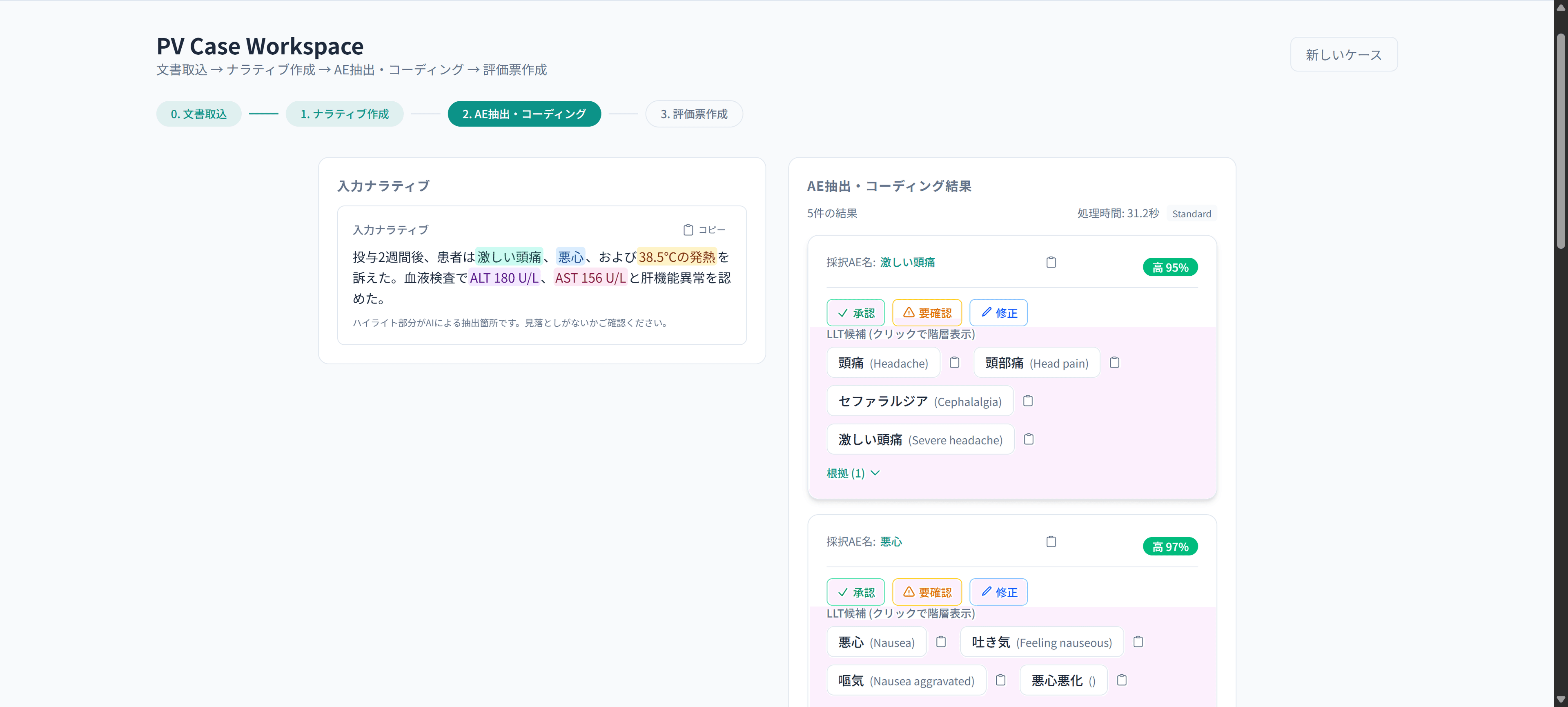 PV Case Workspace — AE抽出・MedDRAコーディング結果画面